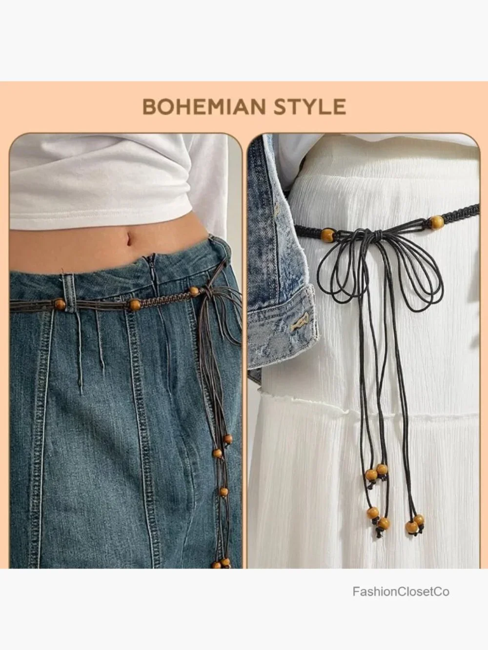 Beaded Rope Belt Woven Braided Boho Waist Belt Dressy Tie Belt
